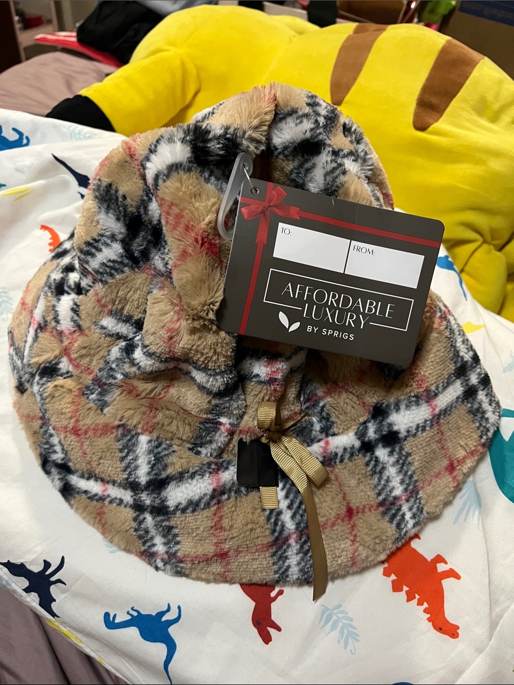 Affordable Luxury by SPRIGS Beige Plaid Fleece Bucket Hat